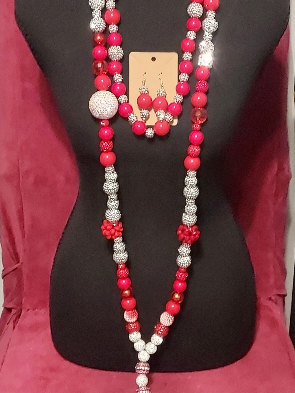 Red and Silver Beaded Statement Necklace & Earring Set